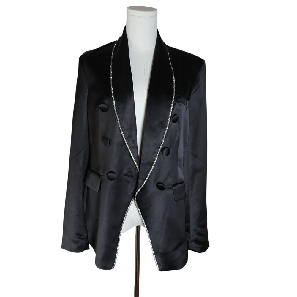 Jason Wu Rhinestone Tuxedo Jacket Black Satin Size S